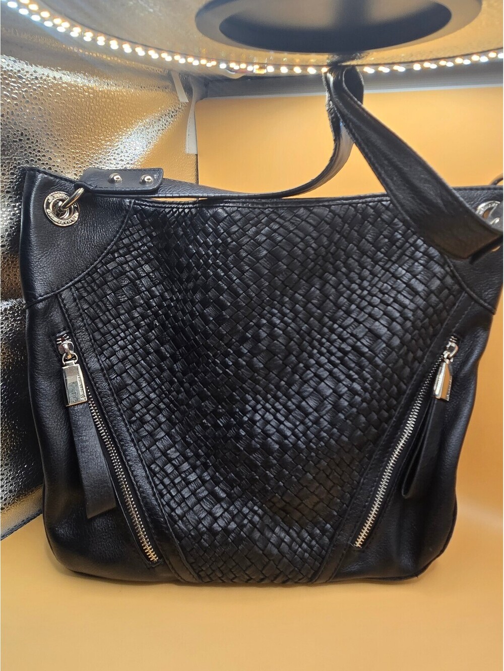 B. Makowsky Black Leather Woven Hobo Shoulder Bag Purse Zipper Pockets